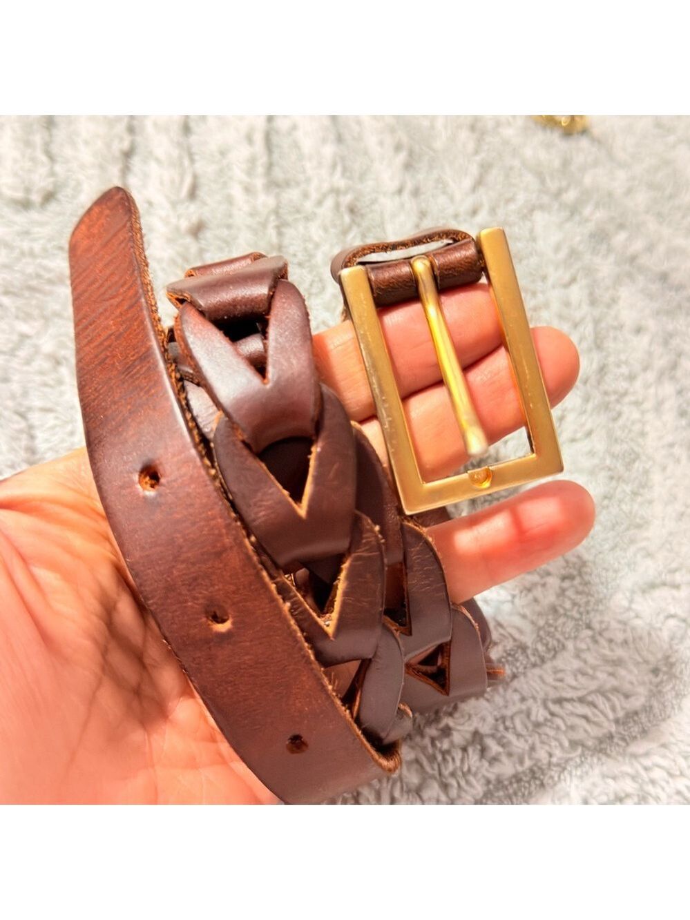 Brown Leather Braided Belt with Gold Buckle made in Canada